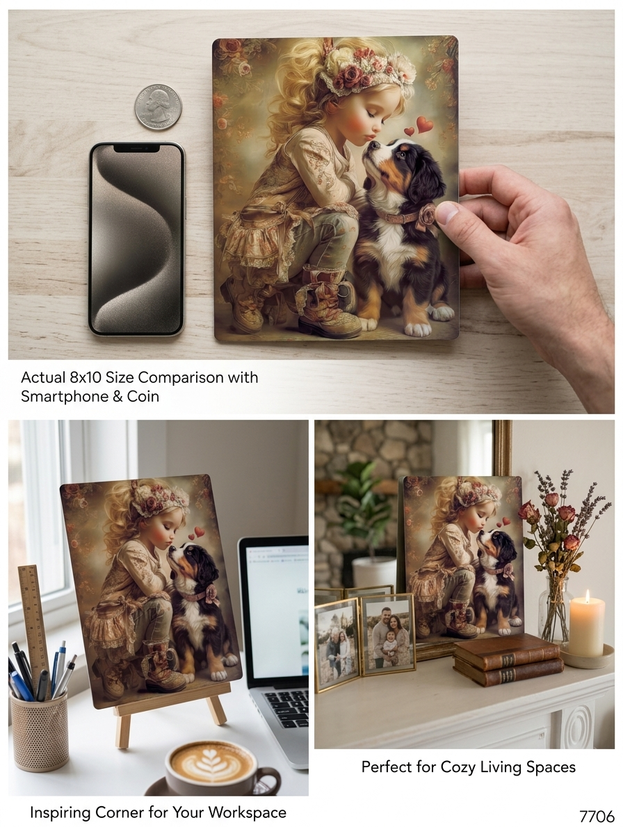 Bohemian Girl & Bernese Mountain Dog Puppy Artisan Metal Print