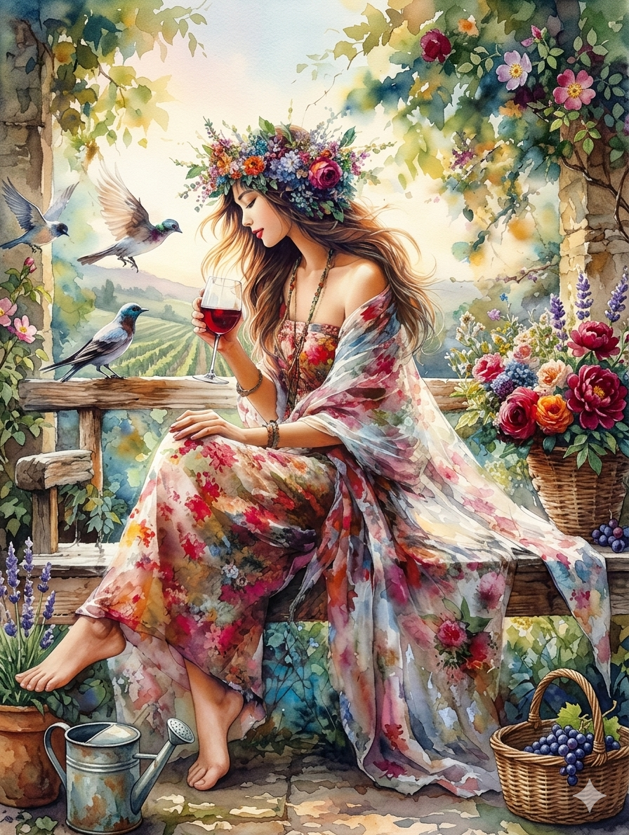 "Boho watercolor woman with floral crown and shawl – metal art print for boho home decor"