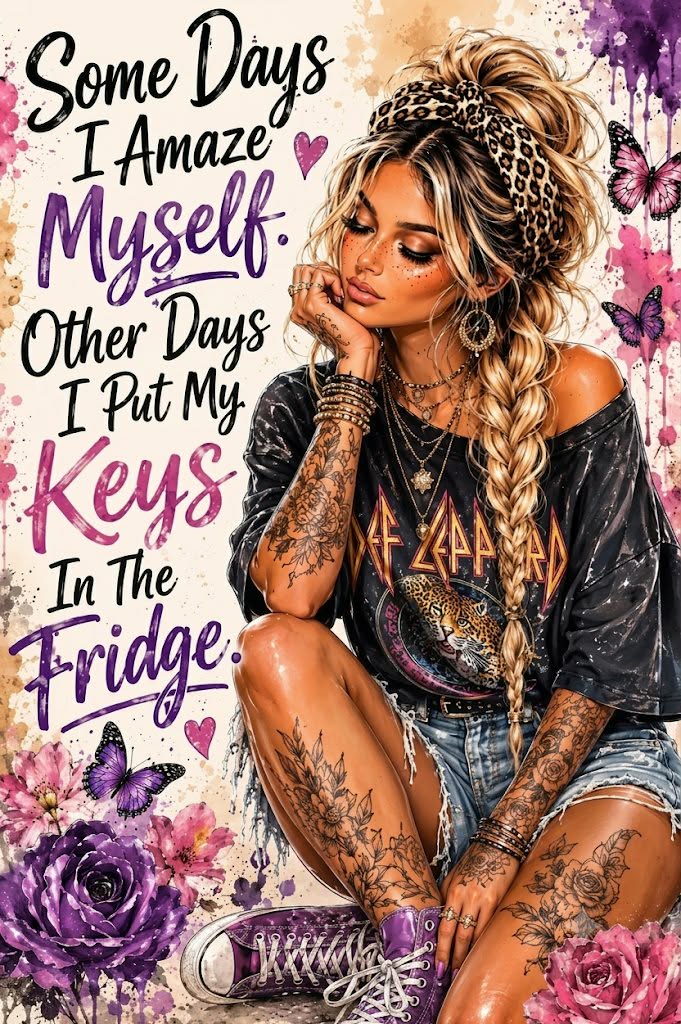 Some Days I Amaze Myself boho funny art print featuring tattooed woman with purple roses and butterflies