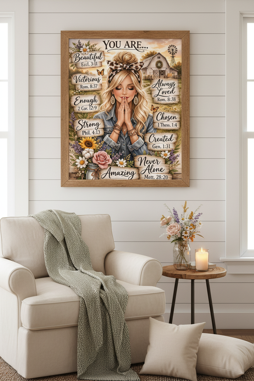 You Are Beautiful Strong Enough faith art print displayed in a rustic wooden frame in a cozy farmhouse living room