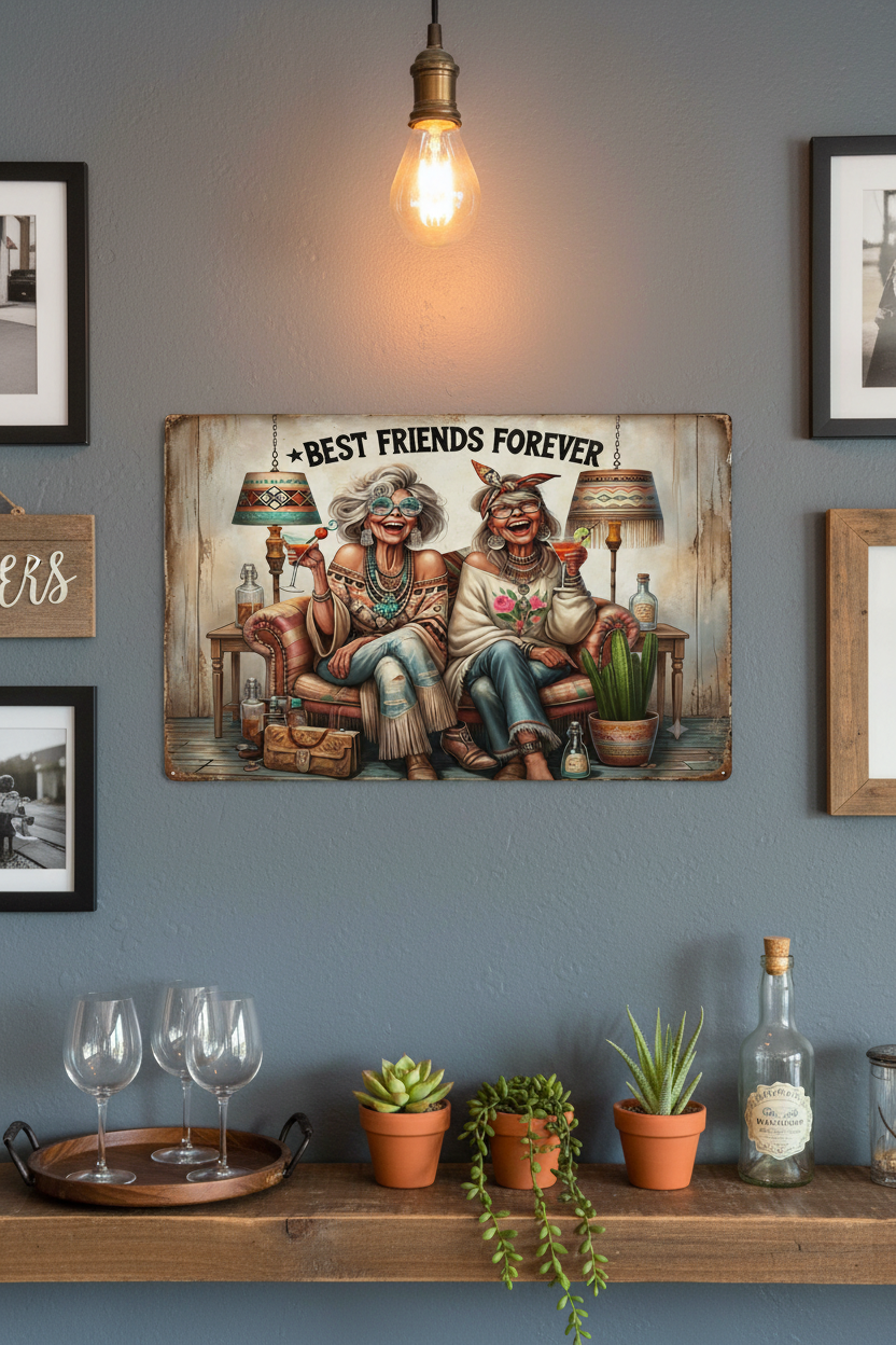 Best Friends Forever 8x12 metal print on home bar wall with wine glasses and Edison bulb lighting