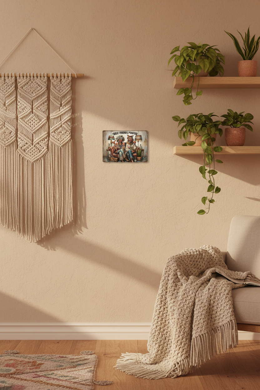 Best Friends Forever 8x12 metal print at realistic scale on boho living room wall