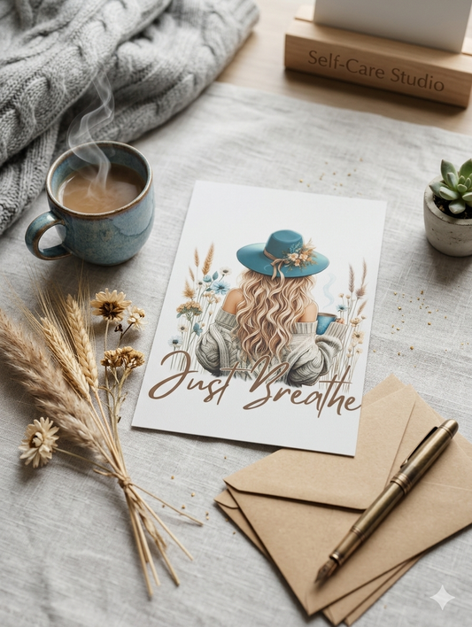 "Just Breathe boho woman in cable knit sweater with mug – farmhouse tin art print"