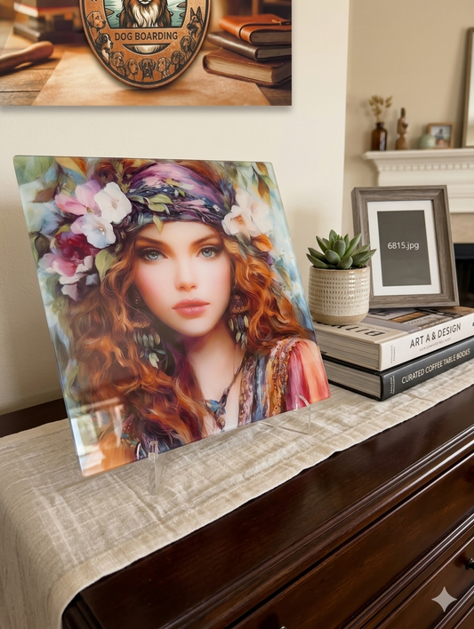 Boho Wildflower Goddess Sublimated Glass Art Print – Vibrantly Detailed Chic Home Decor