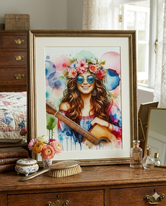 Boho Gypsy Soul Acoustic Guitar Girl Glass Cutting Board & Art Piece