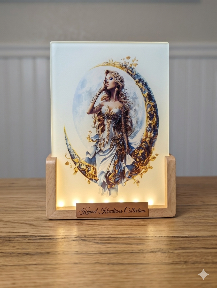 Celestial Goddess on Golden Crescent Moon – 5x7 Sublimation Glass Art Print with Lighted LED Stand