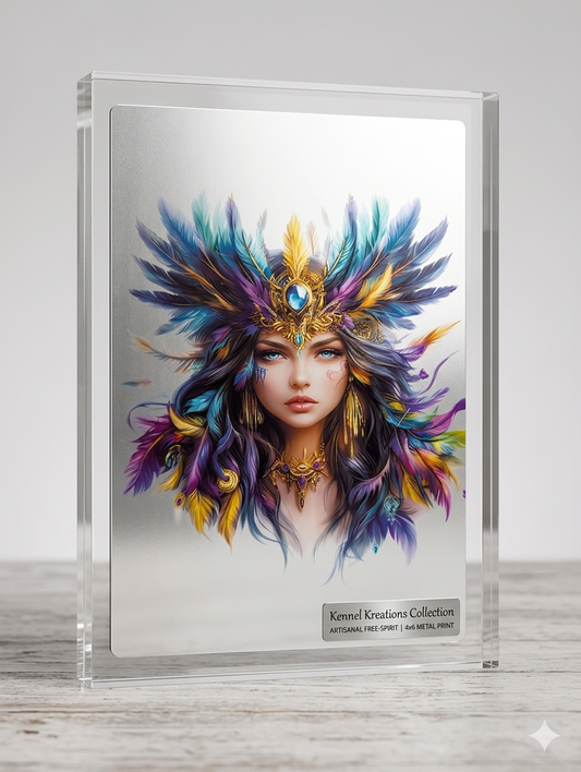 Bohemian Feather Goddess Metal Art Print – 4x6 Vibrant Free-Spirit Desk Decor